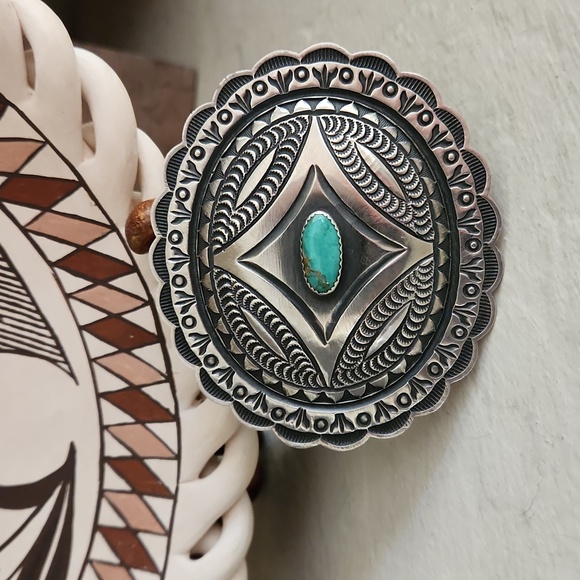 Amazing Vintage Native American Navajo Roland Dixon Concho & Turquoise Brooch 💙 - Picture 11 of 12